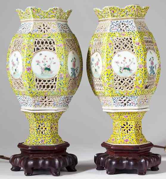 Appraisal: Pair of Chinese Porcelain Famille Jaune Lanternspierced lantern form with