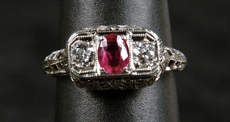 Appraisal: K RUBY DIAMOND RING Beautiful k white gold filigree ladies