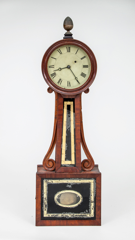 Appraisal: AMERICAN LATE FEDERAL MAHOGANY BANJO CLOCK Unlabeled with eglomise throat