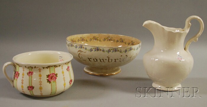 Appraisal: Three Decorated Ceramic Items a chamber pot pitcher and a