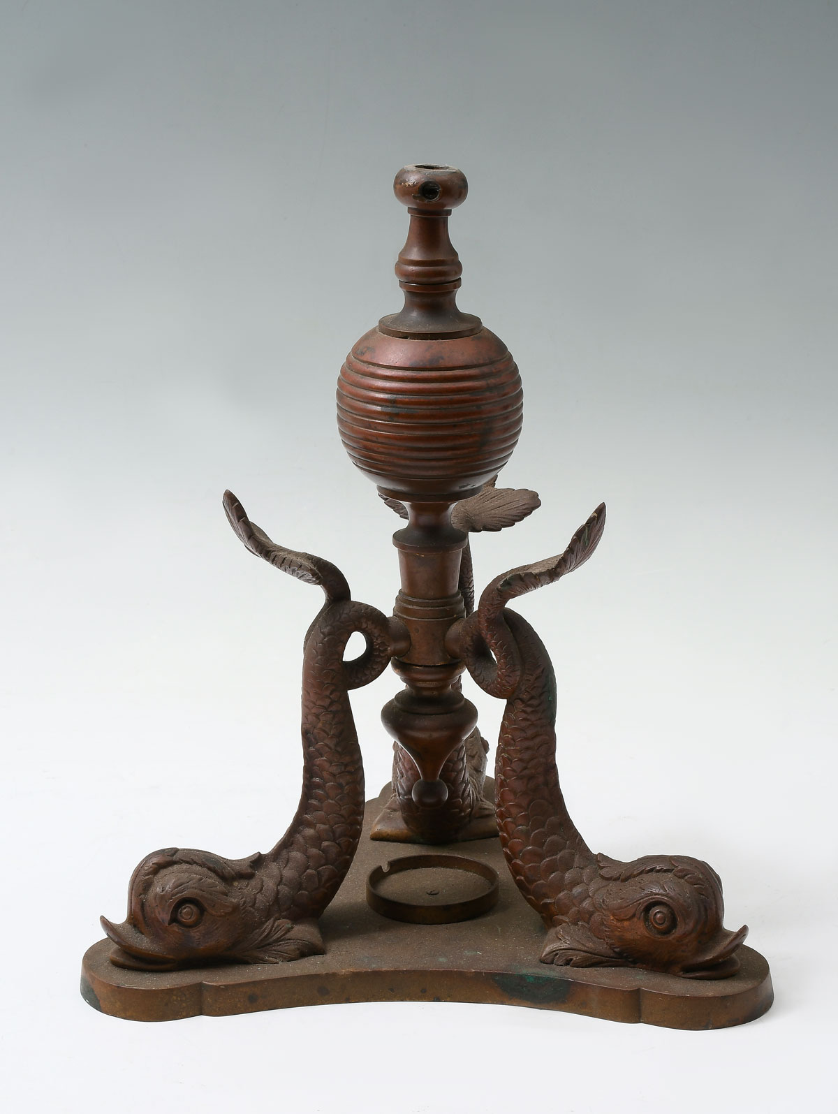 Appraisal: BRONZE DOLPHIN LAMP BASE ATTRIBUTED PAIRPOINT stylized dolphins supporting a