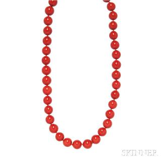 Appraisal: Coral Bead Necklace composed of thirty-eight beads graduating slightly from