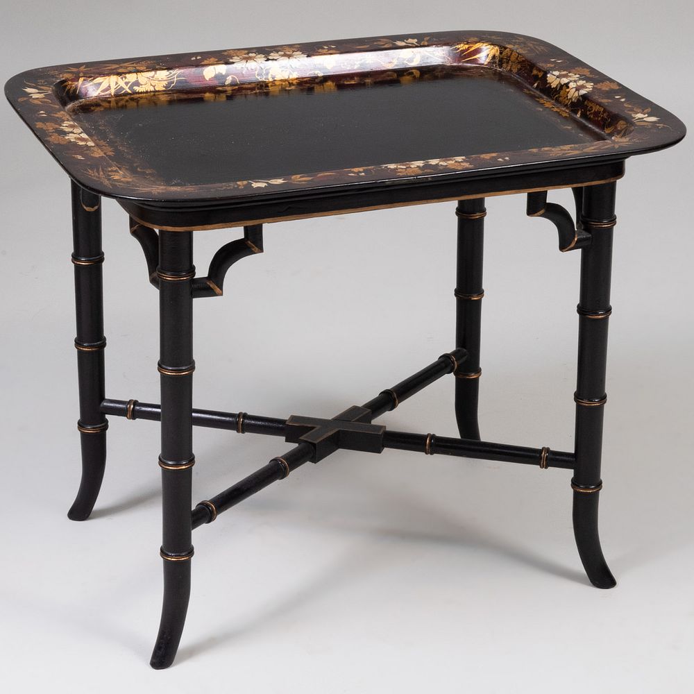 Appraisal: Victorian Black Painted and Parcel-Gilt Papier Mach Tray on Later