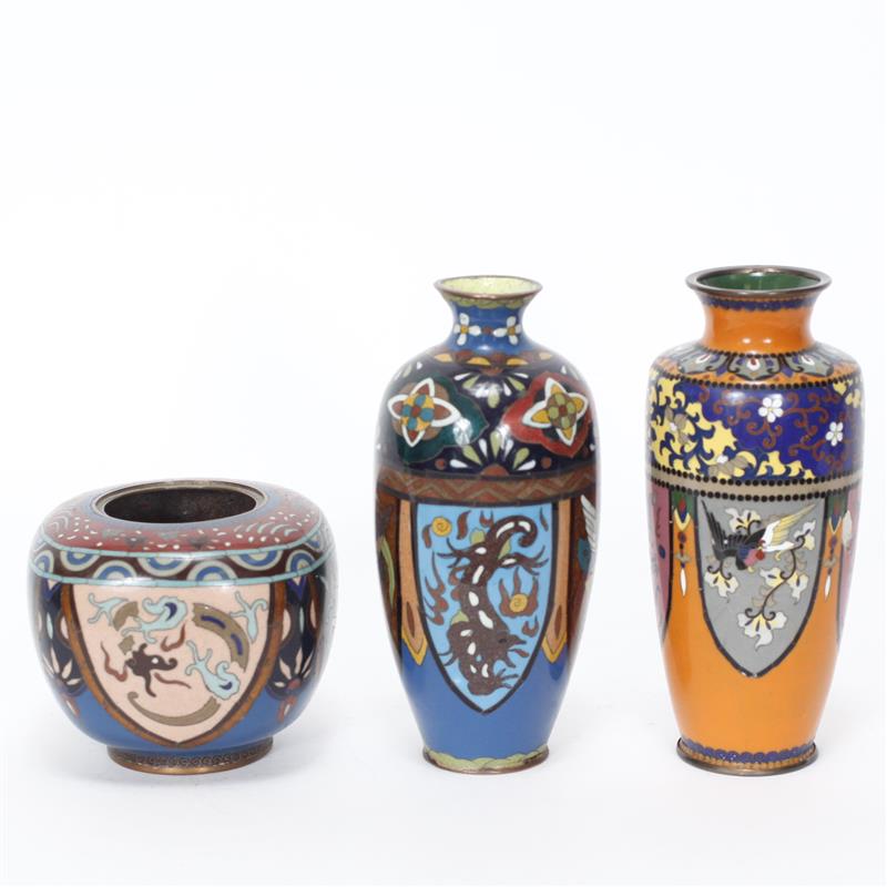 Appraisal: Three Polychrome Japanese Cloisonne vases and jar Jar has loss