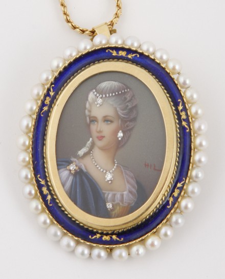 Appraisal: K portrait on porcelain blue enamel five round diamonds mm