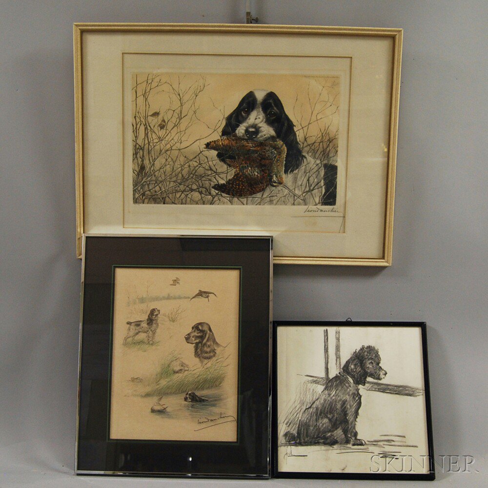 Appraisal: Three Framed Works of Dogs Leon Danchin American - Hound