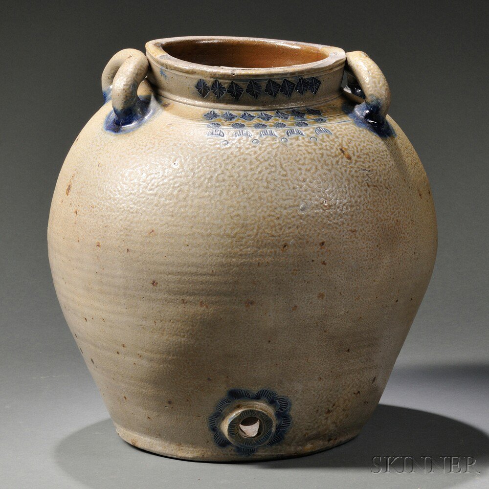 Appraisal: Large Cobalt-decorated Stoneware Water Cooler probably Boston early th century