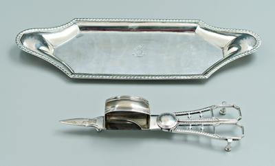 Appraisal: George III silver snuffer and tray scissor style snuffer with