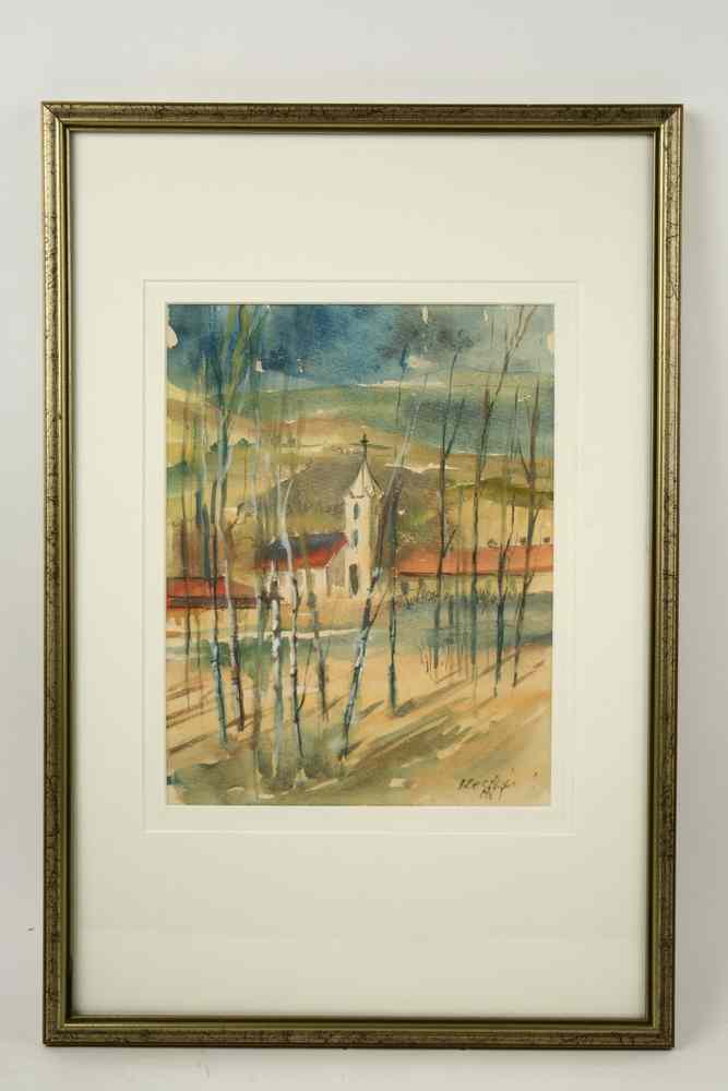 Appraisal: WATERCOLOR - Church Viewed Through Trees by Istvan Kecskes signed