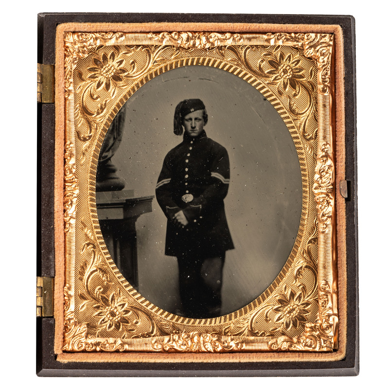 Appraisal: CIVIL WAR Sixth plate ruby ambrotype of corporal with tasseled