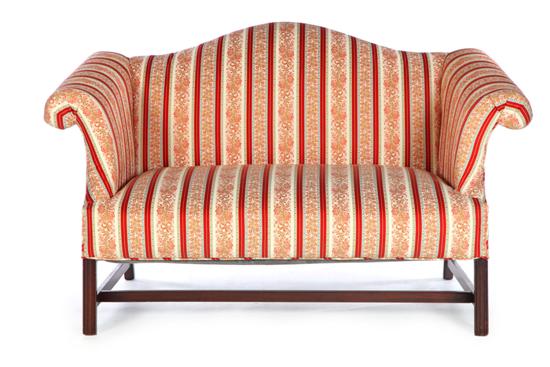 Appraisal: CHIPPENDALE-STYLE LOVESEAT American th century mahogany Camelback sofa with high