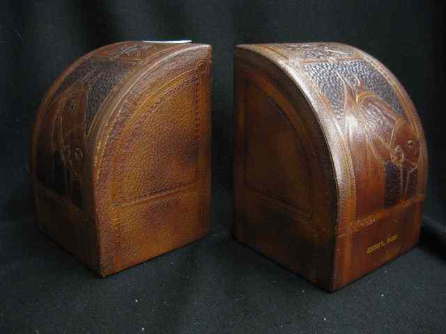 Appraisal: Tooled Leather Equestrian Bookends horse head motif '' excellent