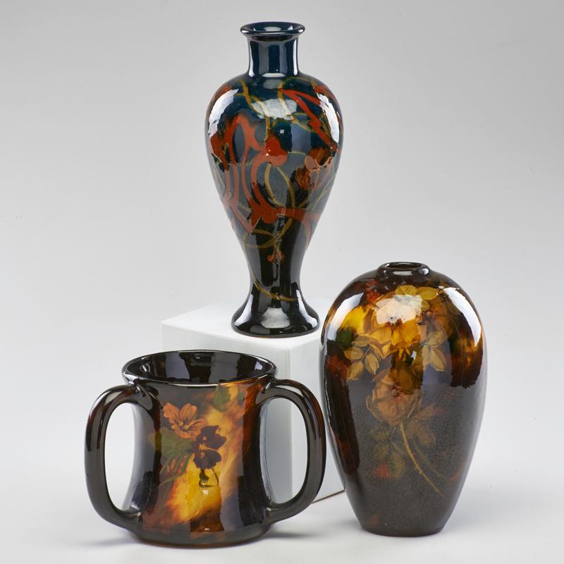 Appraisal: WELLER Three vases two Aurelian and one Dickensware Zanesville OH