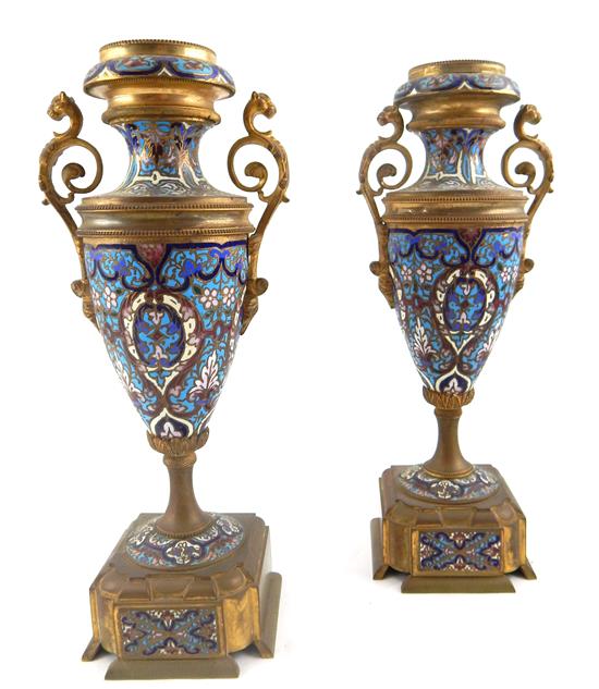 Appraisal: Pair Continental enamel urns scrolled lion's head double handles neck