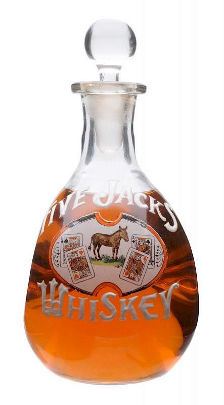 Appraisal: Five Jacks Whiskey Enameled Bottle Has nice image of donkey