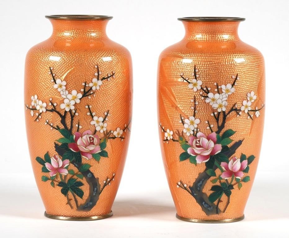 Appraisal: Vintage pair Japanese Sato ginbari cloisonne vases Pigeon blood style