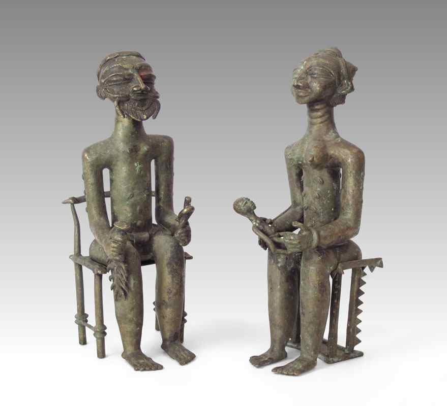 Appraisal: AFRICAN BRONZE QUEEN AND KING SEATED ON CHAIRS SCULPTURE The