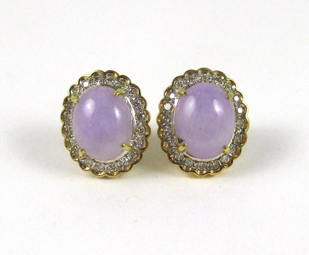 Appraisal: PAIR OF LAVENDER JADE AND DIAMOND STUD EARRINGS each k