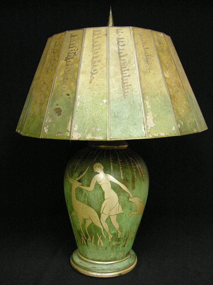 Appraisal: S ART NOUVEAU LAMP painted shade made from mica some