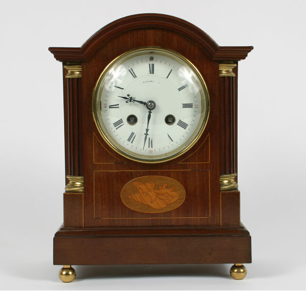 Appraisal: Tiffany wood case mantel clock on ball feet inlaid nautilus