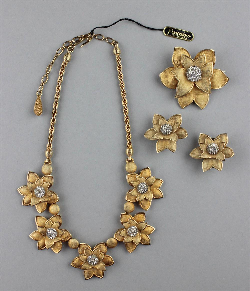 Appraisal: PENNINO PARURE necklace of goldtone florentine flowers with clear rhinestone