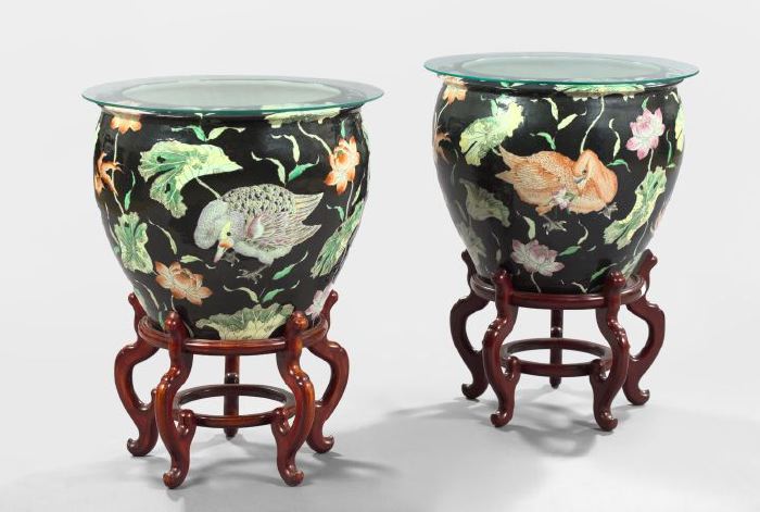 Appraisal: Large Pair of Chinese Black-Ground Porcelain Fishbowls-on-Stands in Ducks and