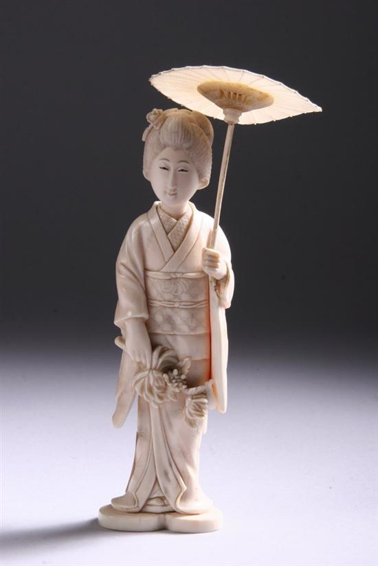 Appraisal: JAPANESE IVORY OKIMONO OF GEISHA th century Carved holding umbrella