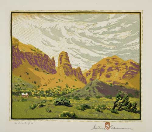 Appraisal: GUSTAVE BAUMANN Malapai Color woodcut circa x mm x inches