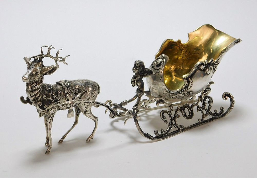 Appraisal: Antique German Silver Reindeer Sleigh Germany Early th Century Ornate