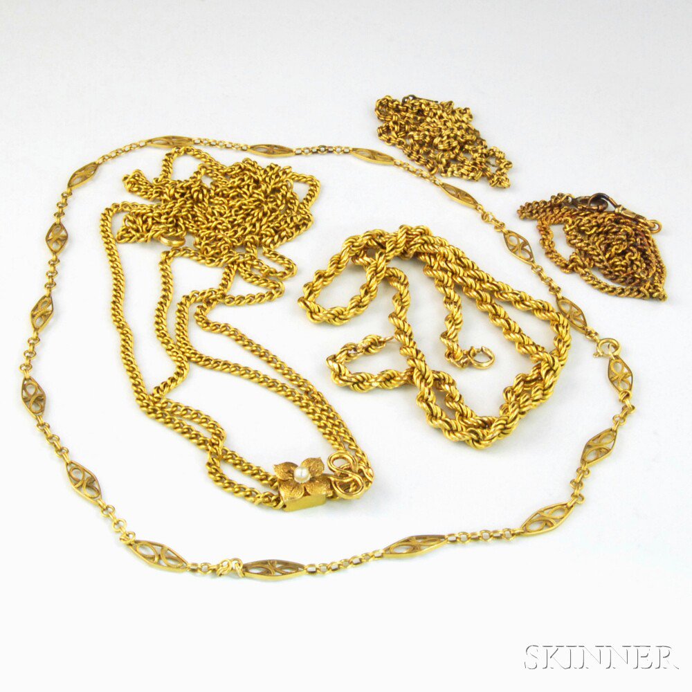 Appraisal: Five Assorted Gold Chains a heavy kt gold ropetwist chain