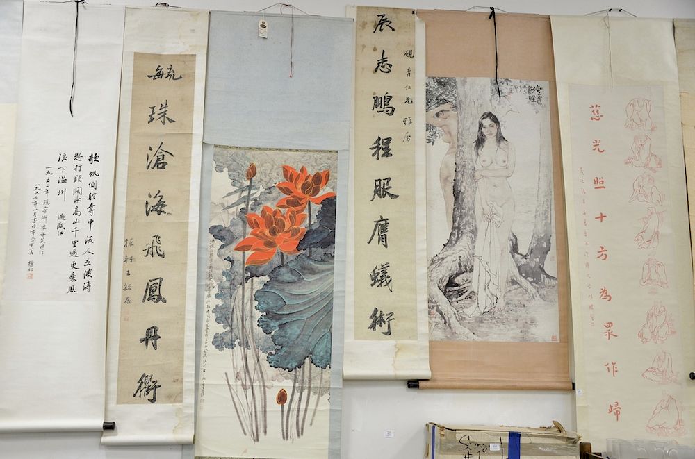 Appraisal: Six Oriental scrolls four watercolor on paper with character marks