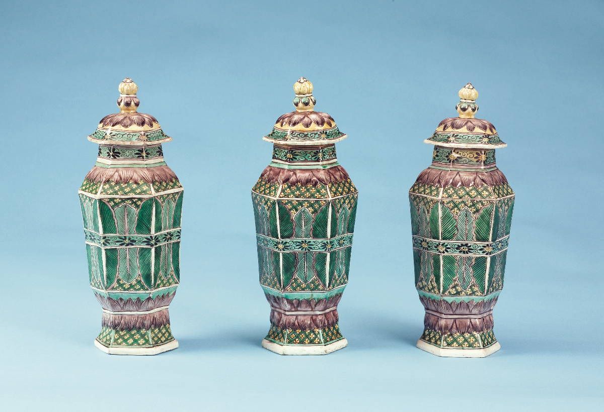 Appraisal: SET OF THREE CHINESE PORCELAIN FAMILLE VERTE HEXAGONAL GARNITURE VASES