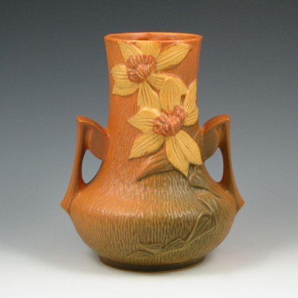 Appraisal: Roseville Clematis handled vase in brown Marked Roseville USA -