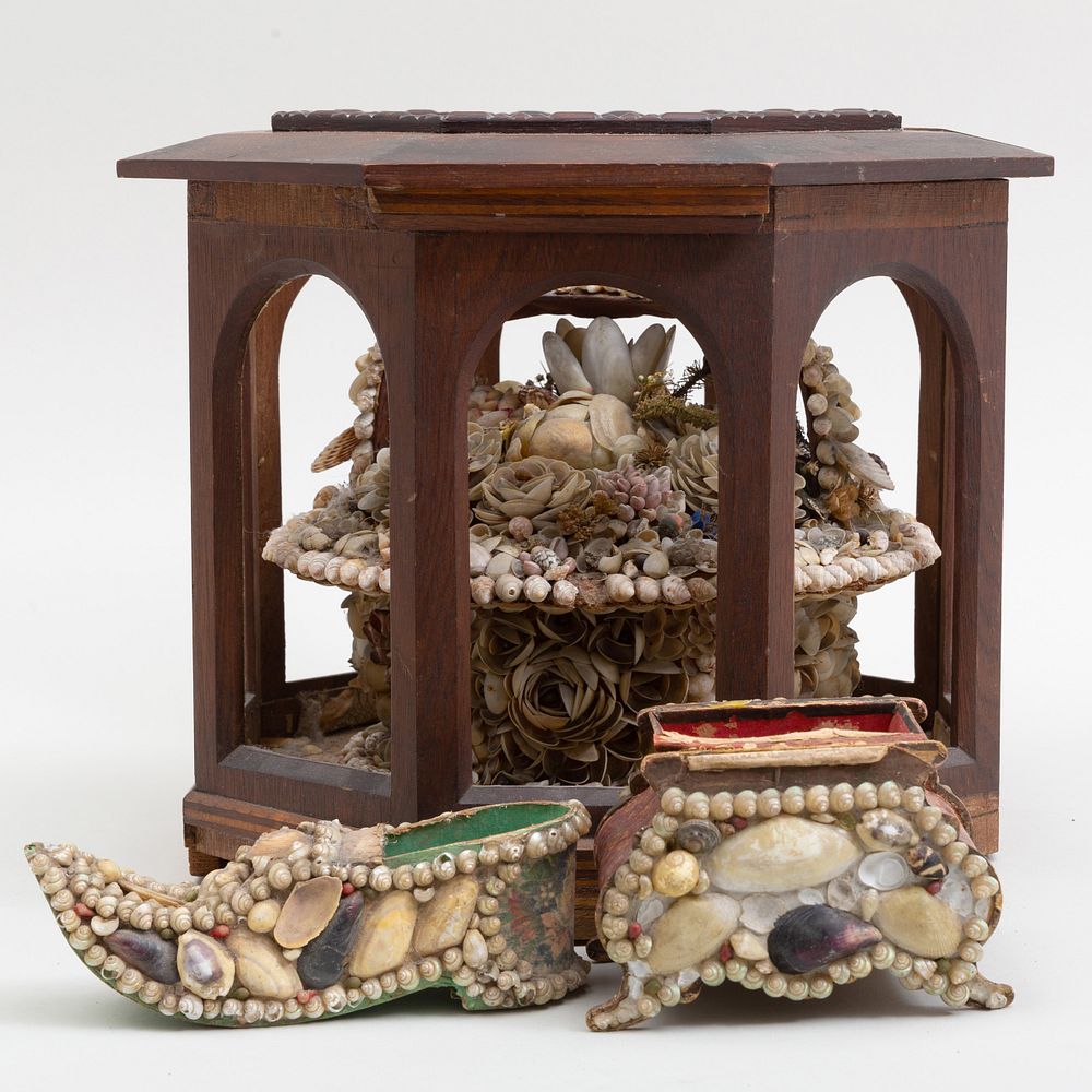 Appraisal: Victorian Shell Basket in an Octagonal Wood Case and Two