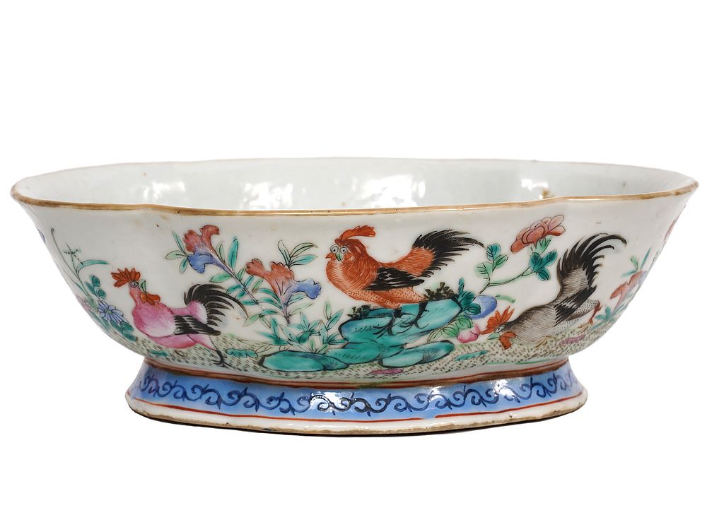 Appraisal: Chinese Famille Rose Rooster Pedestal Bowl th C Chinese Famille