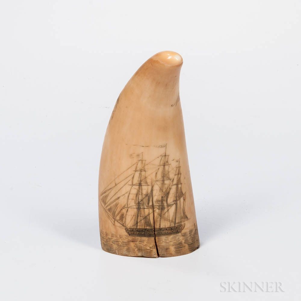 Appraisal: Scrimshaw Whale's Tooth Scrimshaw Whale's Tooth th century decorated with