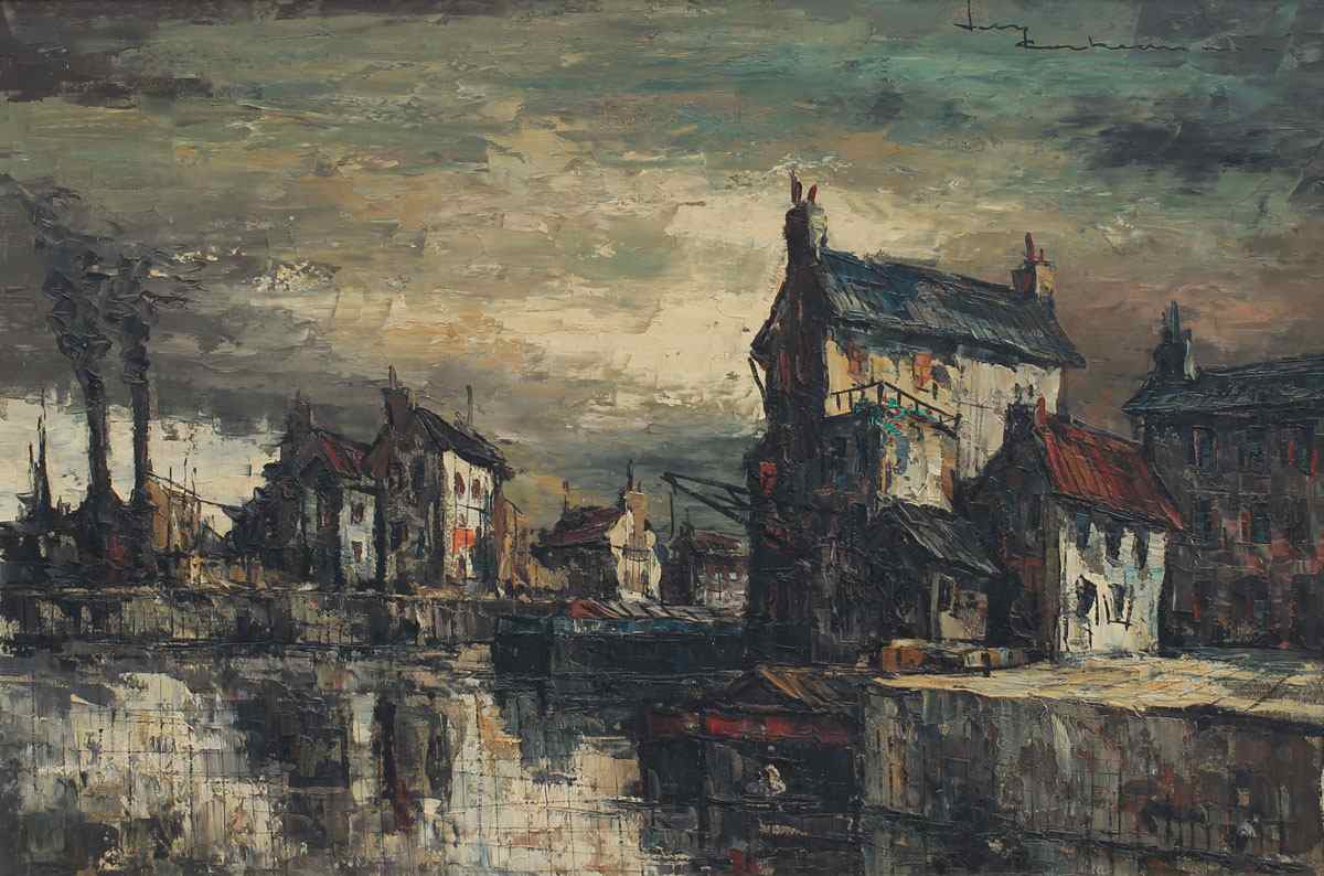 Appraisal: CORBEAU Leon th Century European Waterfront Scene In the City