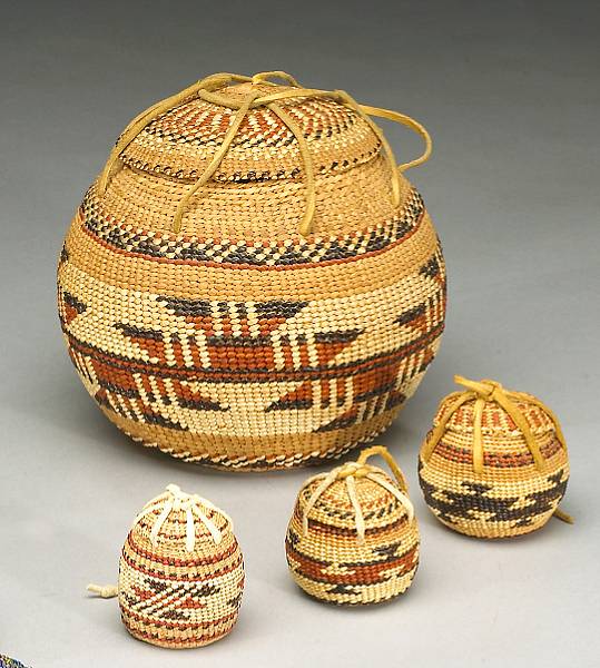 Appraisal: A set of four Yurok polychrome lidded tobacco baskets Amy