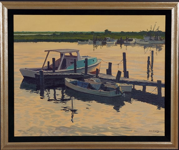 Appraisal: Harbor scene with boat oil on canvasboard x sight SLR