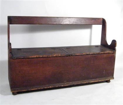 Appraisal: Pine storage bench th century The shaped ends joined by