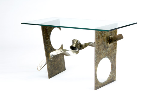 Appraisal: SILAS SEANDEL Table of twisted and modeled steel with glass