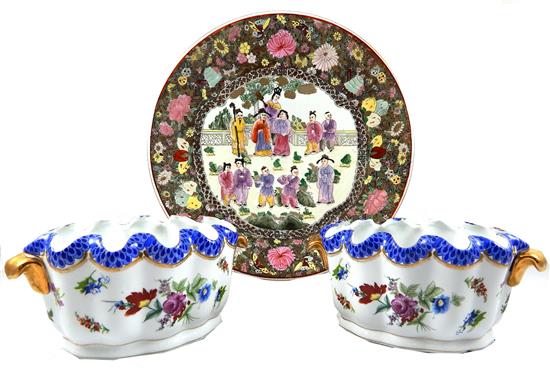 Appraisal: Three th C floral-themed ceramics pair Moyses Stevens oval jardini