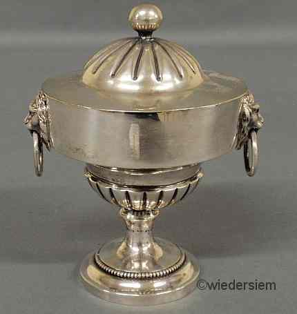 Appraisal: Continental silver covered sugar bowl with lion mask handles and