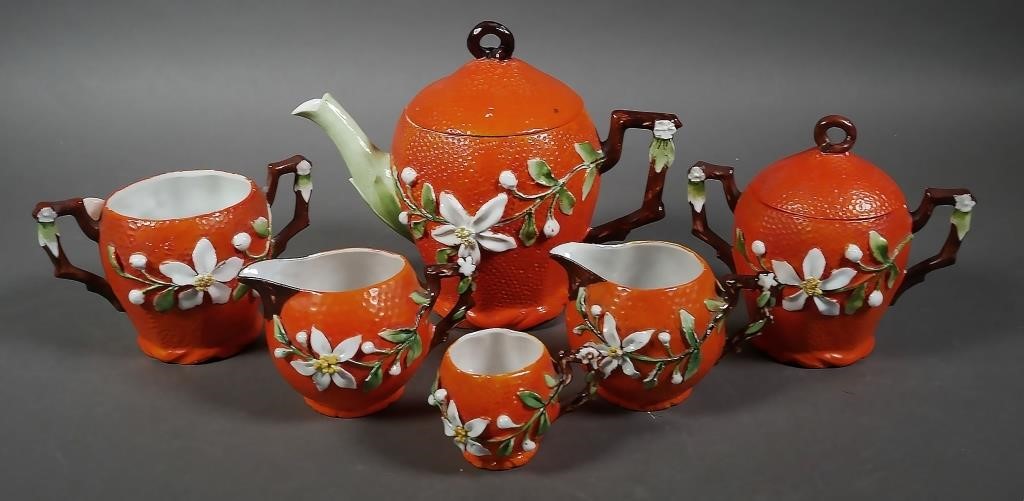 Appraisal: FLORIDA ORANGES PORCELAIN TEA SETTea pot two creamers a demitasse