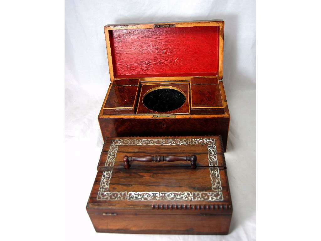 Appraisal: George III burr wood two compartment tea caddy having vacant