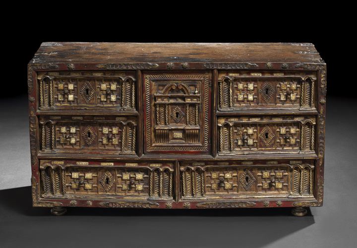 Appraisal: Spanish Polychromed and Parcel-Gilt Walnut Vargueno th century the case