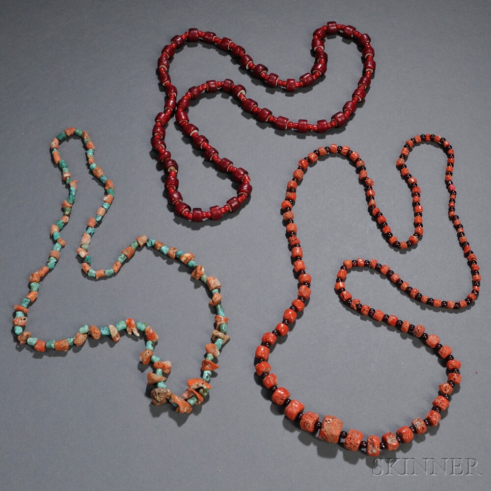 Appraisal: Three Necklaces one of trade beads one with red coral