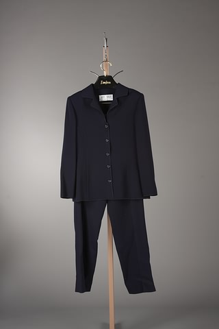 Appraisal: Ripetta black navy wool crepe slacks suit with satin trim