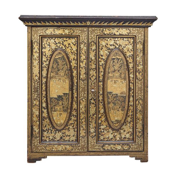 Appraisal: Large Export Black and Gilt Lacquer Jewelry Cabinet th Century