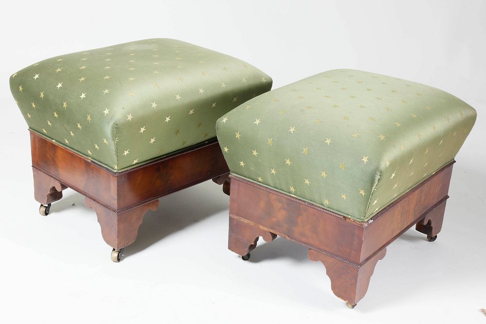 Appraisal: American Empire Crotch Mahogany Star Upholstered Ottomans th Century American